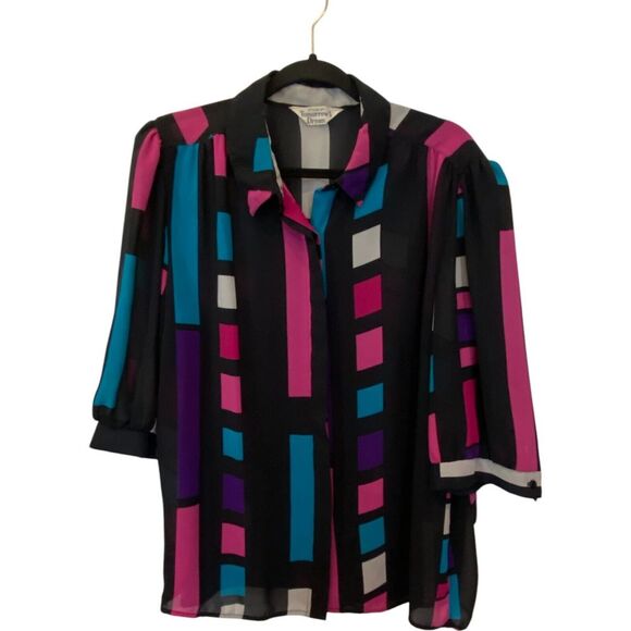 Tops - Tomorrows Dream Blouse Womens Secretary Geometric Print Collared‎ 3/4 Sleeve